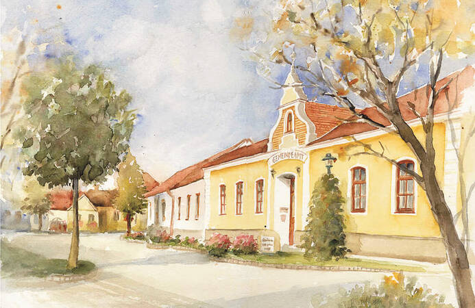 ein gemaltes Bild von der Gemeindeverwaltung Schönau